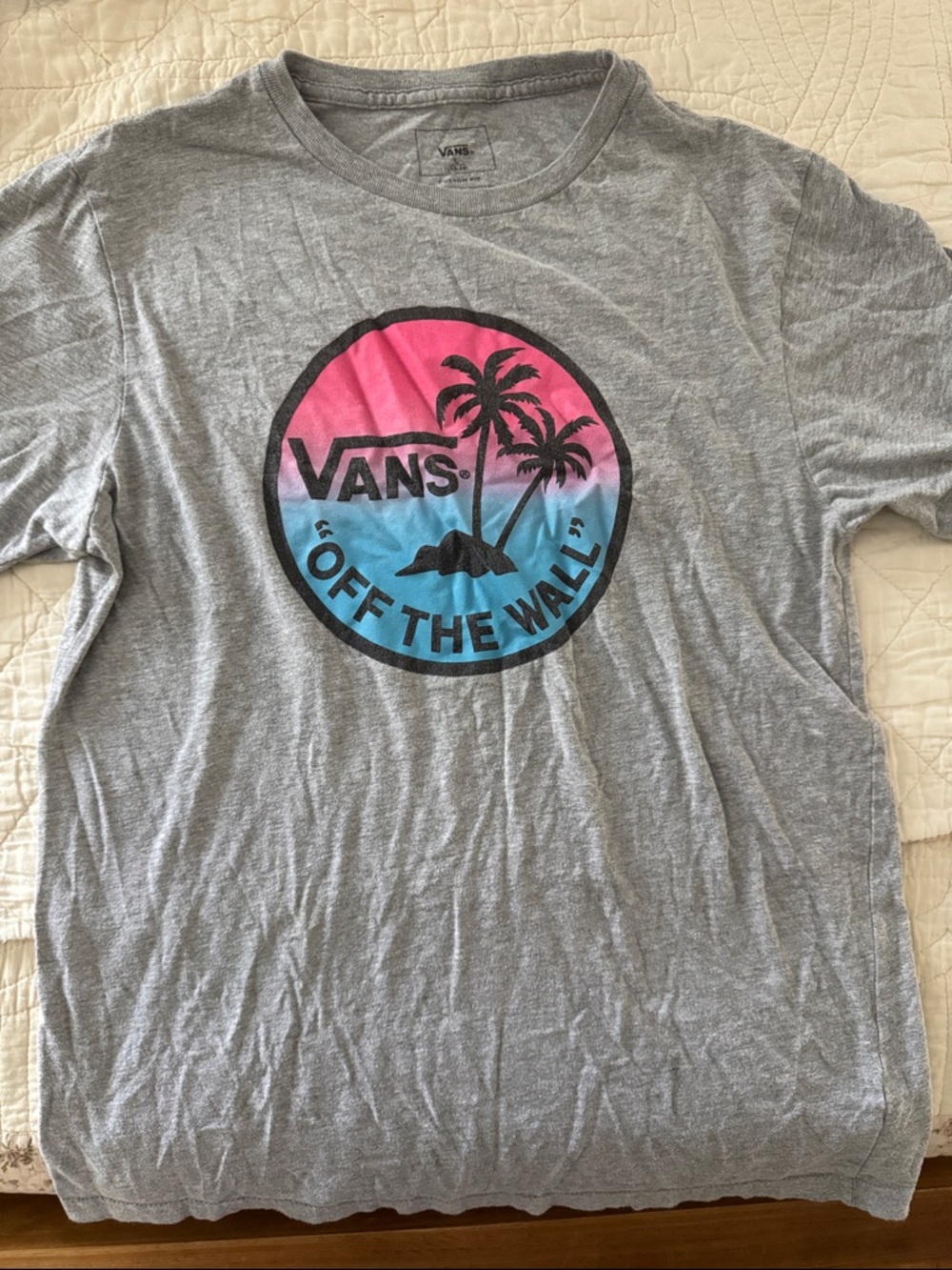 Vans Gray Tee with Pink and Blue Sunset Palm Logo